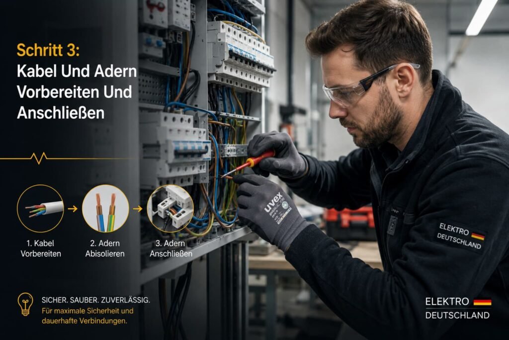 Elektriker beim Anschließen von Kabeln im Schaltschrank