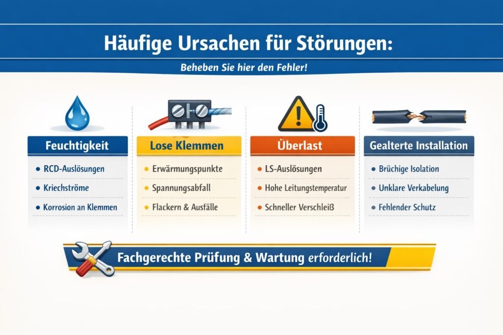 Häufige Ursachen für Störungen: Feuchtigkeit, lose Klemmen, Überlast und gealterte Installationen