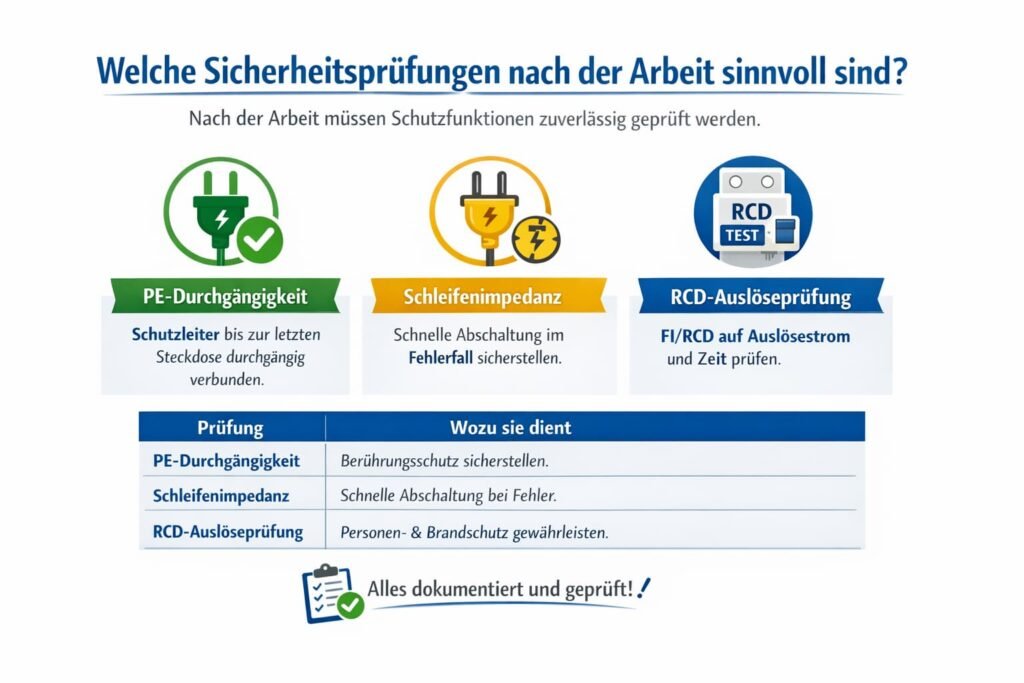 Welche Sicherheitsprüfungen nach der Arbeit sinnvoll sind (FI/RCD, Schutzleiter, Dokumentation)