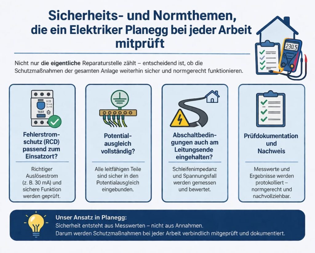 Sicherheits- und Normthemen, die ein elektriker planegg bei jeder Arbeit mitprüft
