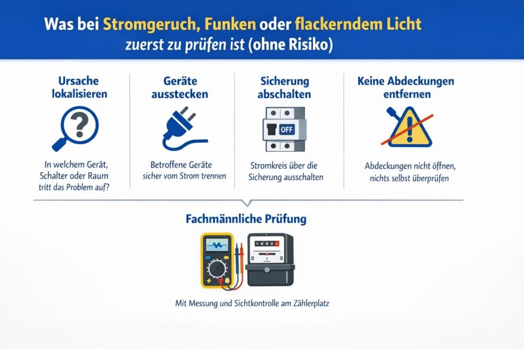 Was bei Stromgeruch, Funken oder flackerndem Licht zuerst zu prüfen ist (ohne Risiko)