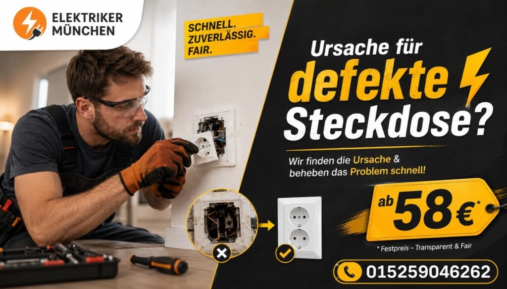 Elektriker prüft und repariert fachgerecht eine beschädigte Steckdose in München.