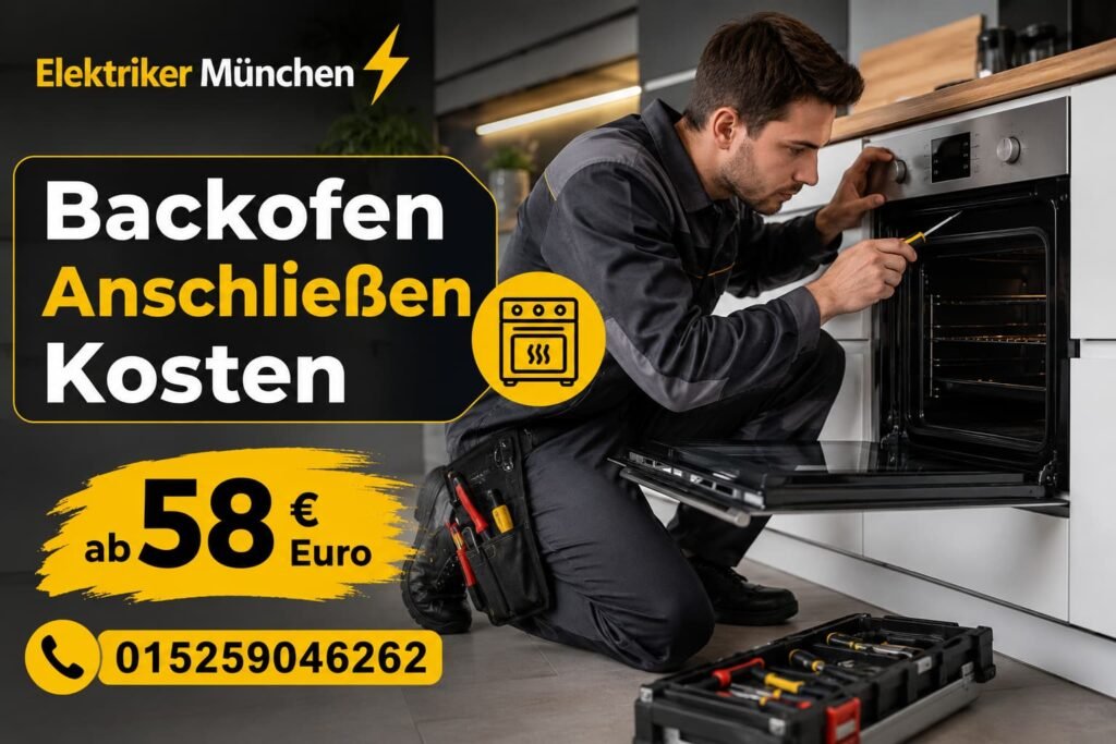 Elektriker bei der Reparatur eines modernen Küchengeräts in einer Wohnung in München.