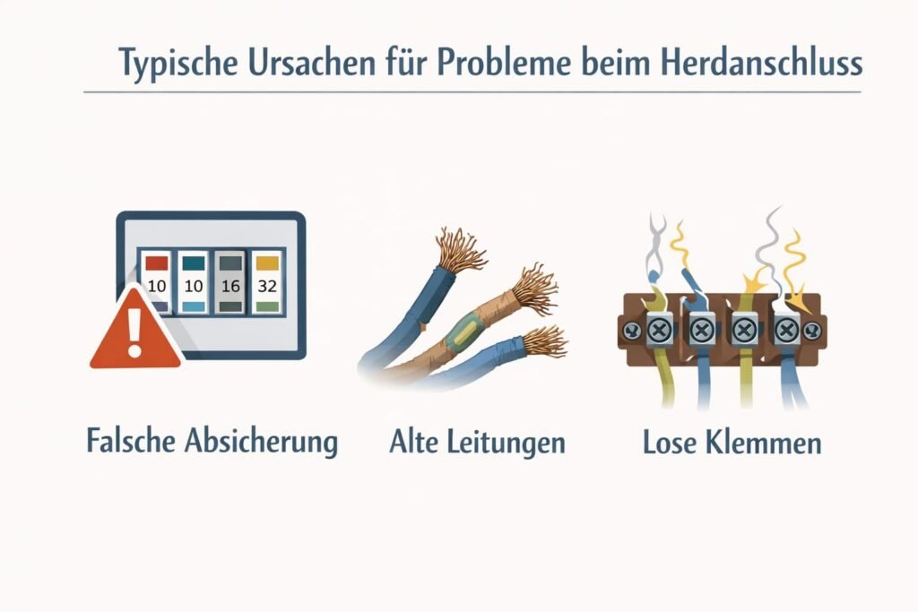 Typische Ursachen für Probleme beim Herdanschluss (falsche Absicherung, alte Leitungen, lose Klemmen)
