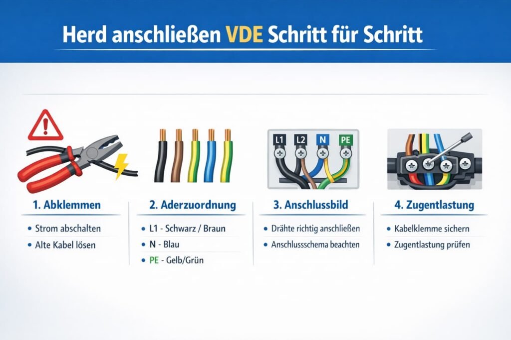 Herd anschließen VDE Schritt für Schritt: Abklemmen, Aderzuordnung, Anschlussbild und Zugentlastung