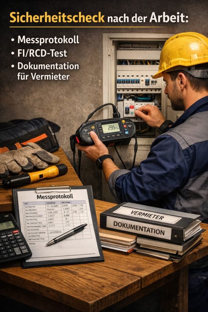 Sicherheitscheck nach der Arbeit: Messprotokoll, FI/RCD-Test und Dokumentation für Vermieter