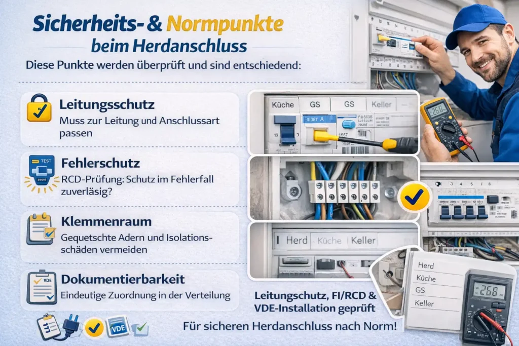 Welche Sicherheits- und Normpunkte beim Herdanschluss entscheidend sind (FI/RCD, Leitungsschutz, VDE)