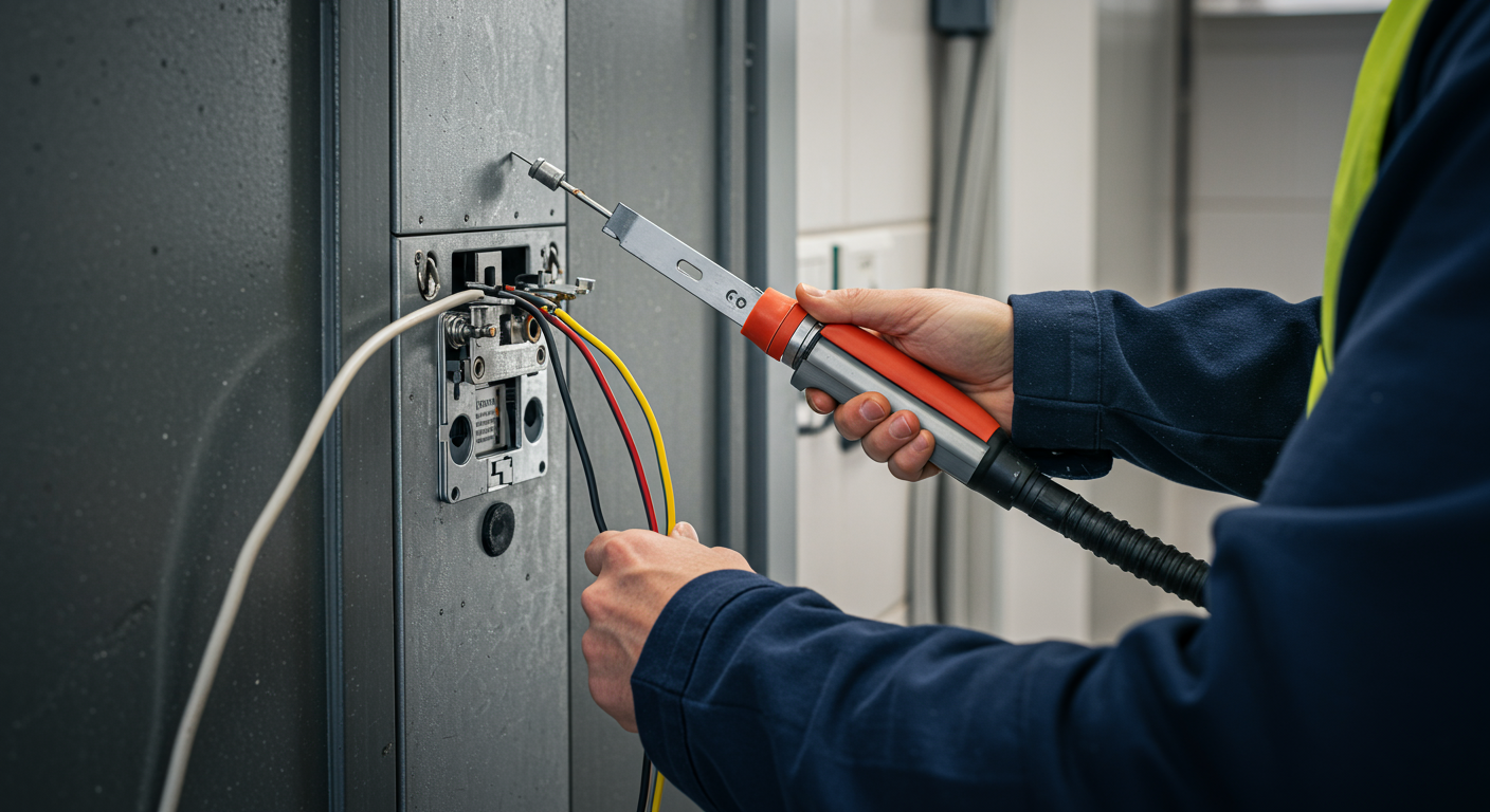 Elektrische Leitungen für einen Backofenanschluss werden von einem Elektriker geprüft.