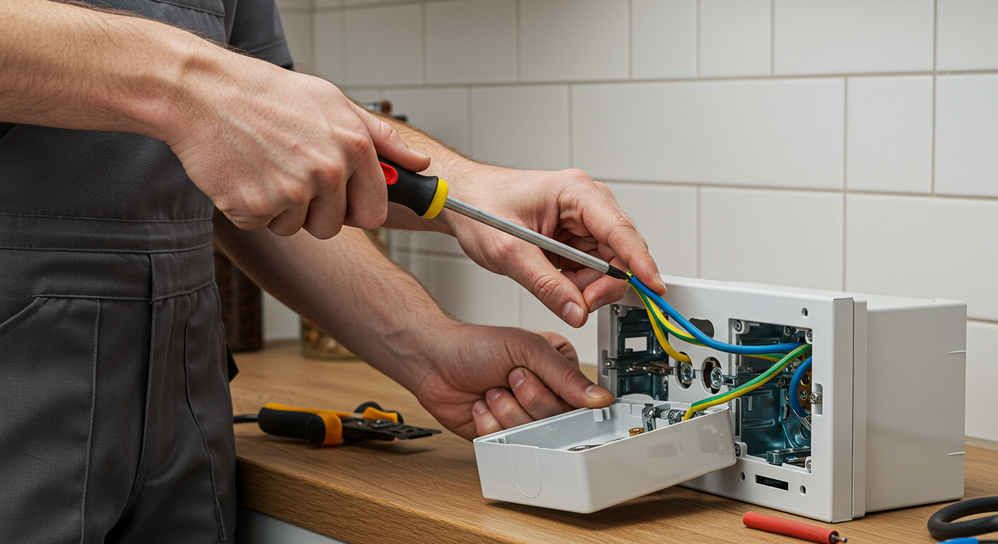 Elektriker bei der Arbeit an einer Herdanschlussdose