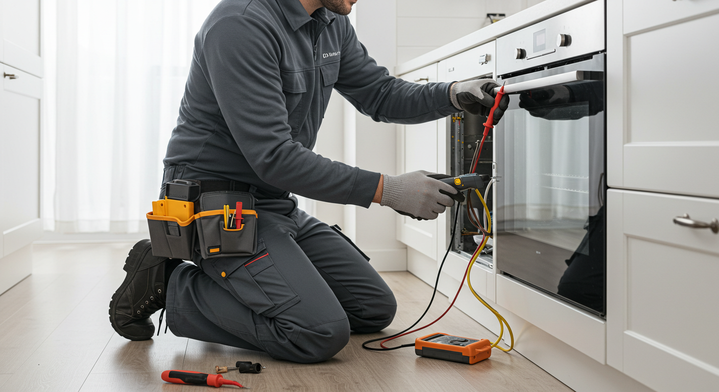 Ein Elektriker prüft die Anschlüsse eines Herdes vor der Inbetriebnahme.