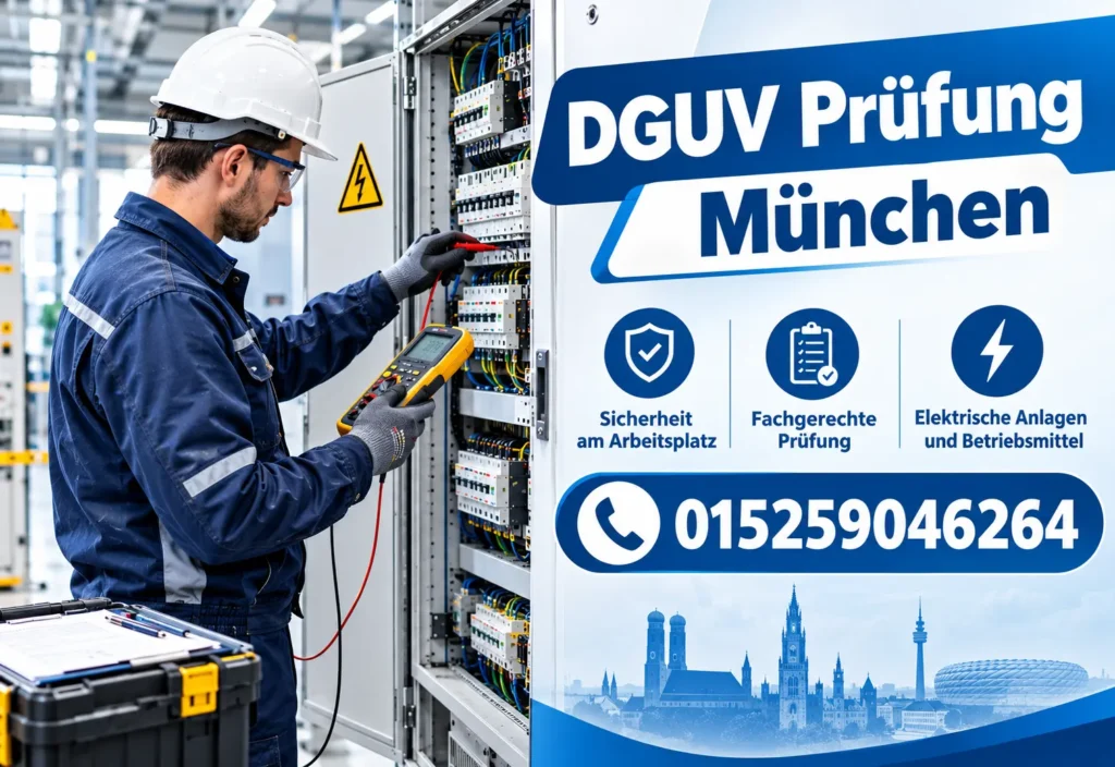 Ein Elektriker führt eine fachgerechte DGUV Prüfung München an einem modernen Schaltschrank durch und überprüft die elektrischen Anlagen mit professionellen Messgeräten.