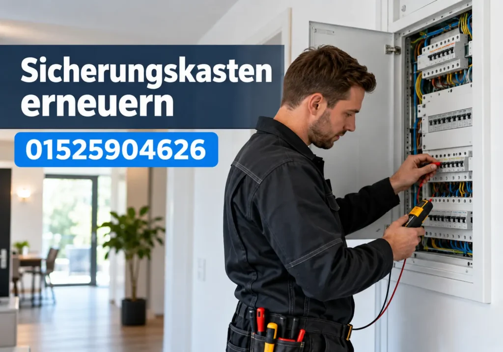 Elektriker prüft und erneuert einen Sicherungskasten fachgerecht für eine sichere und moderne Elektroverteilung.