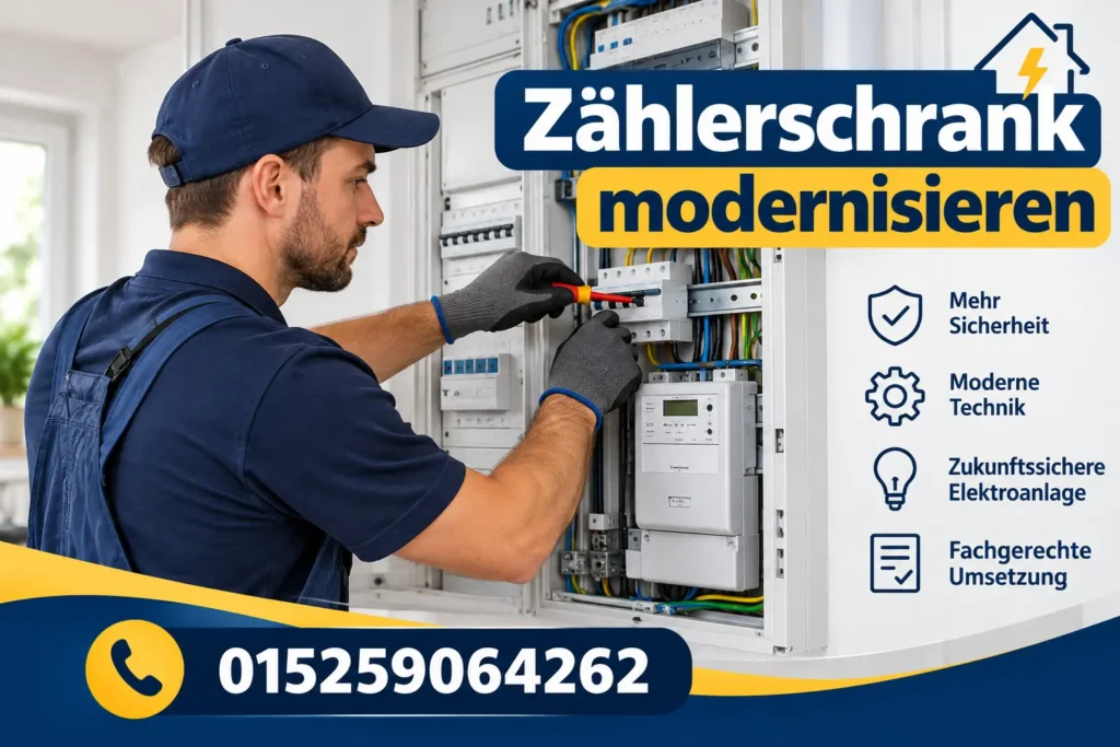 Elektriker beim Zählerschrank modernisieren für eine sichere, moderne und fachgerecht ausgeführte Elektroinstallation.