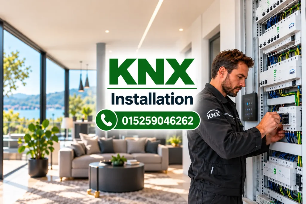 Ein Fachtechniker bei der professionellen KNX Installation in einem modernen Smart Home zur intelligenten Steuerung von Beleuchtung, Heizung und Gebäudetechnik.